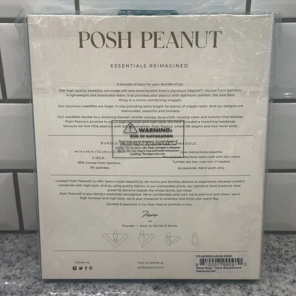 Posh Peanut Black Rose Swaddle and Headwrap Set Infant Viscose Bamboo New‎
